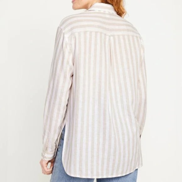 OLD NAVY Women's White & Tan Striped BOYFRIEND LINEN Button Down Shirt M - Picture 2 of 8